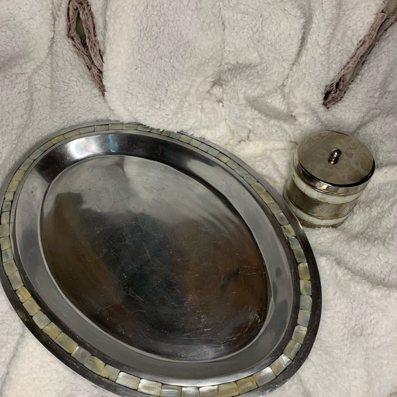 Antique Towle Silversmiths Mother Of Pearl Inlay Serving Tray , Bowl & Container - Picture 8 of 10